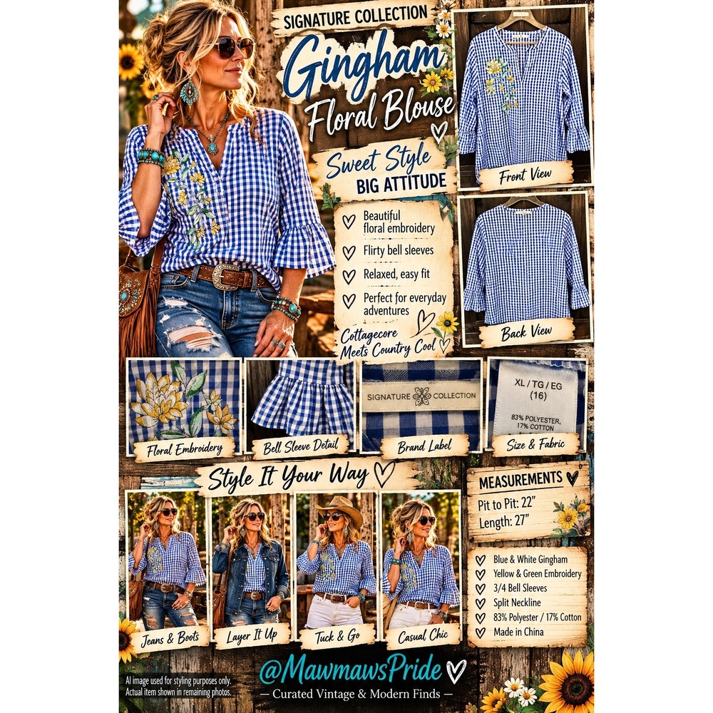 Signature Collection XL Gingham Floral Blouse Embroidered Cottagecore Prairie